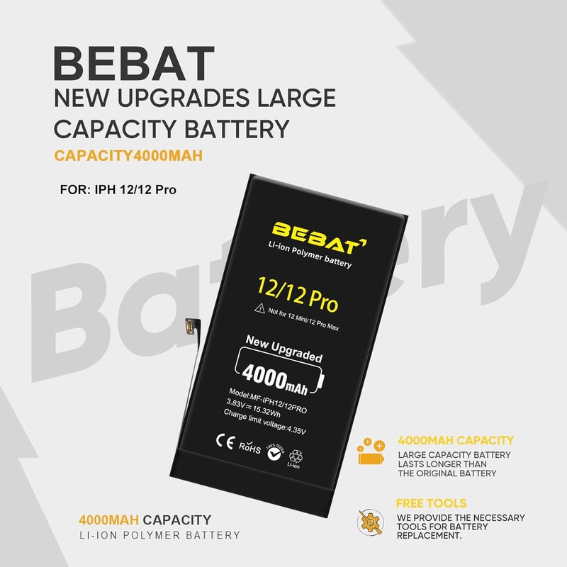 BEBAT Replacement for iPhone 12/12 PRO Battery, 4000mAh High Capacity Li-ion Polymer Replacement Battery for Model A2172 A2402 A2403 A2404 with Professional Repair Tool Kits - Image 3